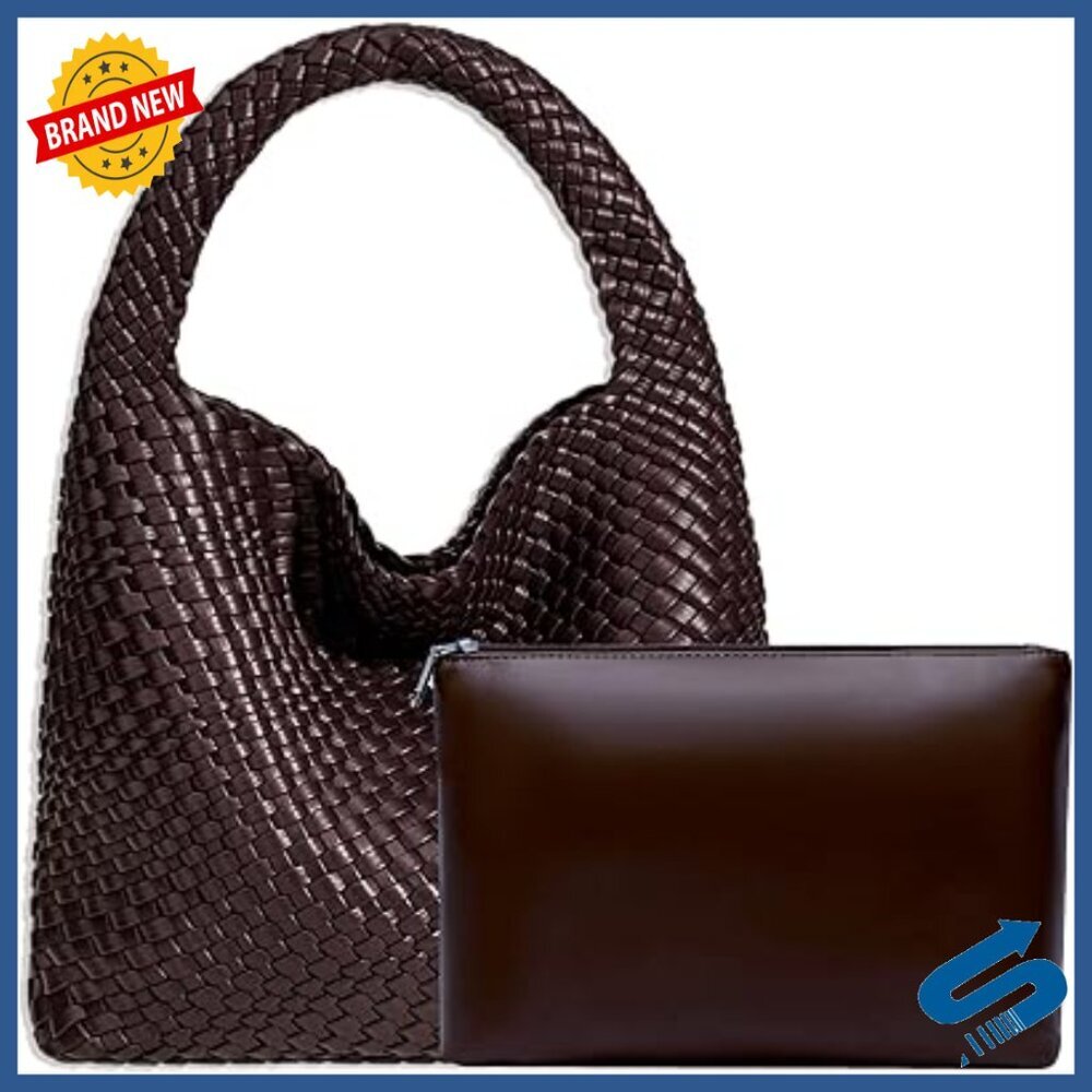 Woven Vegan Leather Hobo Tote Shoulder Bag with Multiple Compartments